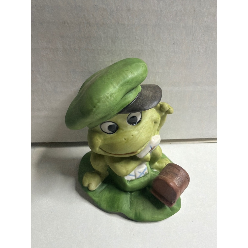 Vintage Ceramic Frog Mailman Figurine Newsie Green Cap Lily Pad Base Taiwan